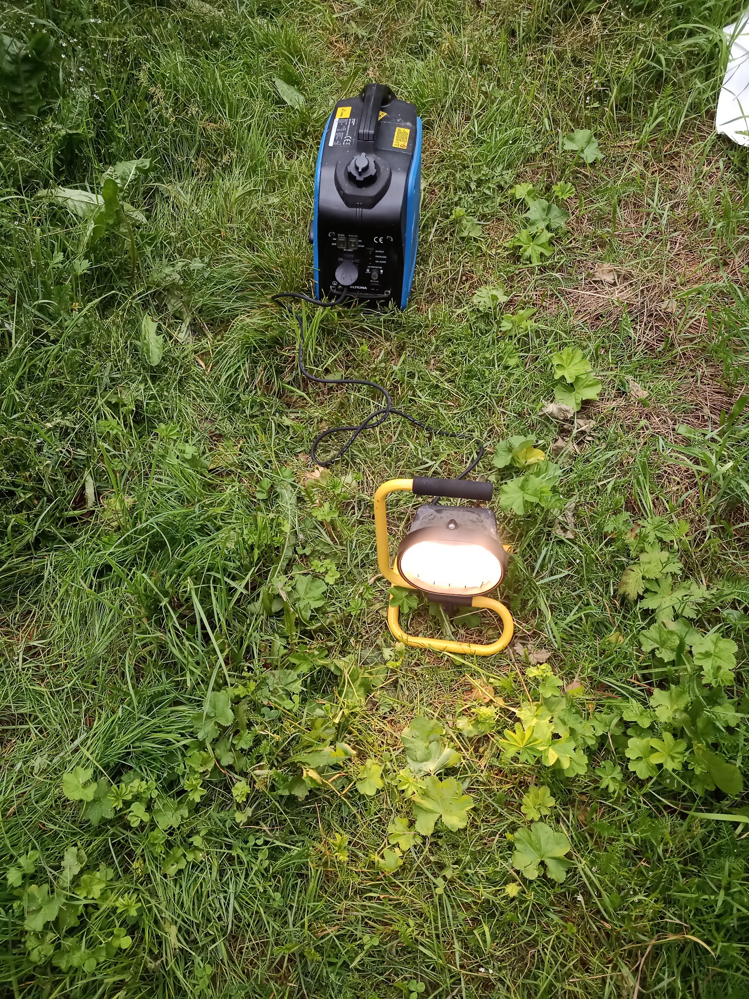 Work lamp working, running off a small power generator